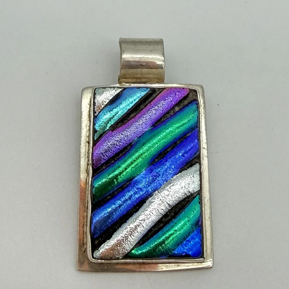 VTG Sterling Silver Taxco Mexico  Dichroic Glass Pendant Modernist Heavy TV-78